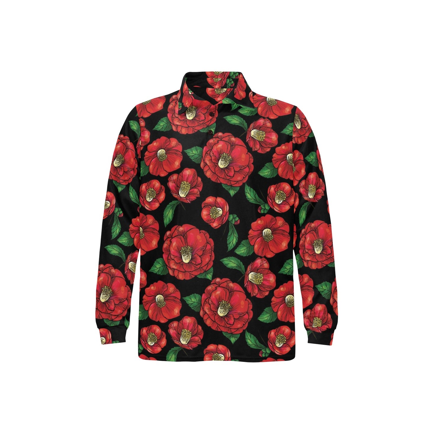 Camellia Pattern Print Design CM07 Long Sleeve Polo Shirt For Men's