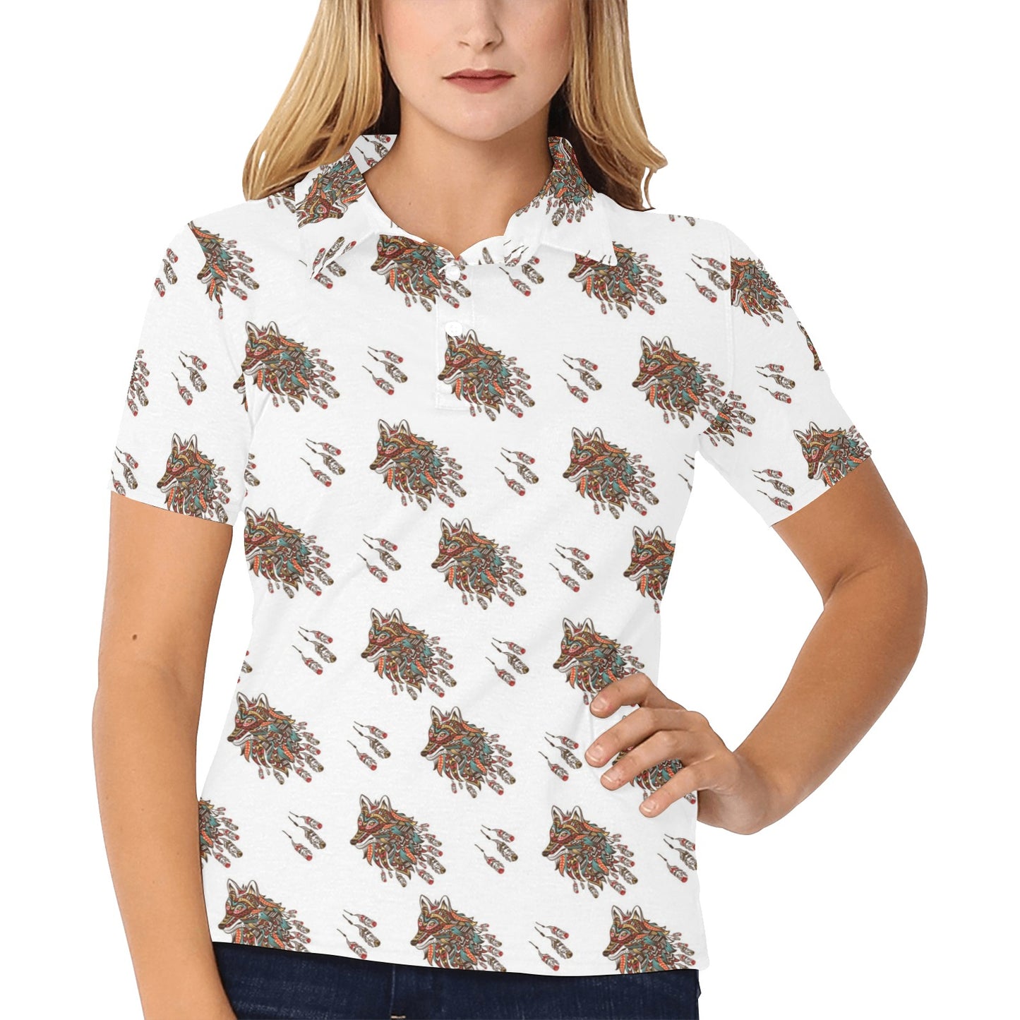 Aztec Wolf Pattern Print Design 02 Women's Polo Shirt