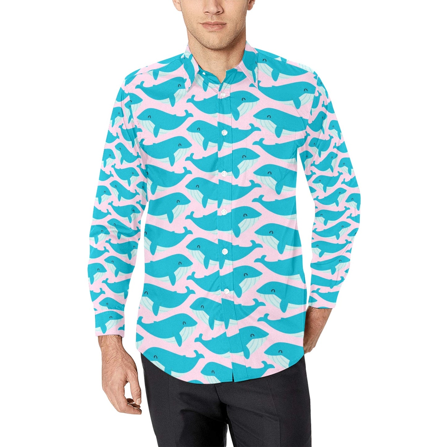 Whale Print Design LKS302 Men's Long Sleeve Dress Shirt
