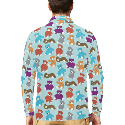 Bear Cute Pattern Print Design 03 Long Sleeve Polo Shirt For Men's