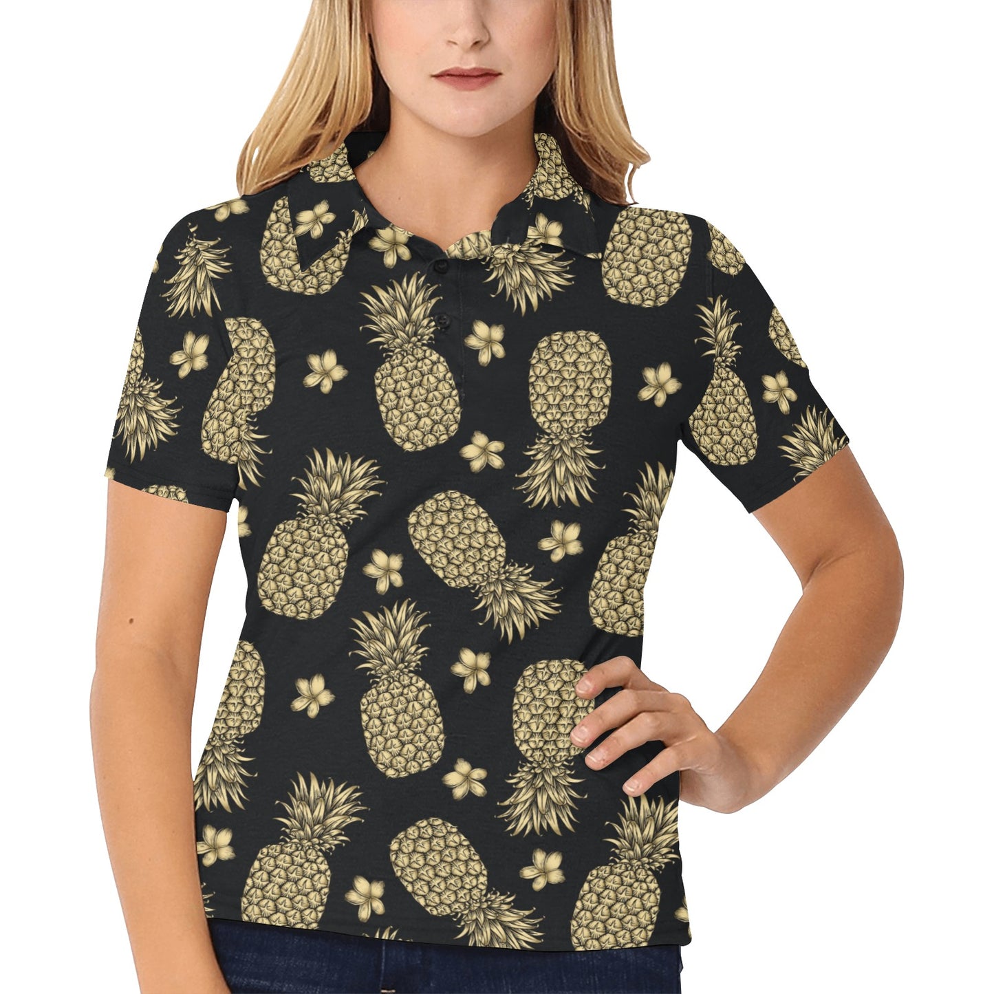 Gold Pineapple Hibiscus Women's Polo Shirt