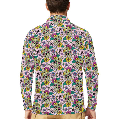 Sugar Skull Print Design LKS307 Long Sleeve Polo Shirt For Men's