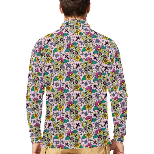 Sugar Skull Print Design LKS307 Long Sleeve Polo Shirt For Men's
