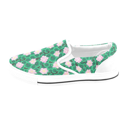 Water Lily Print Design LKS303 White Slip Ons Canvas Women's Shoes