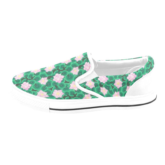 Water Lily Print Design LKS303 White Slip Ons Canvas Women's Shoes