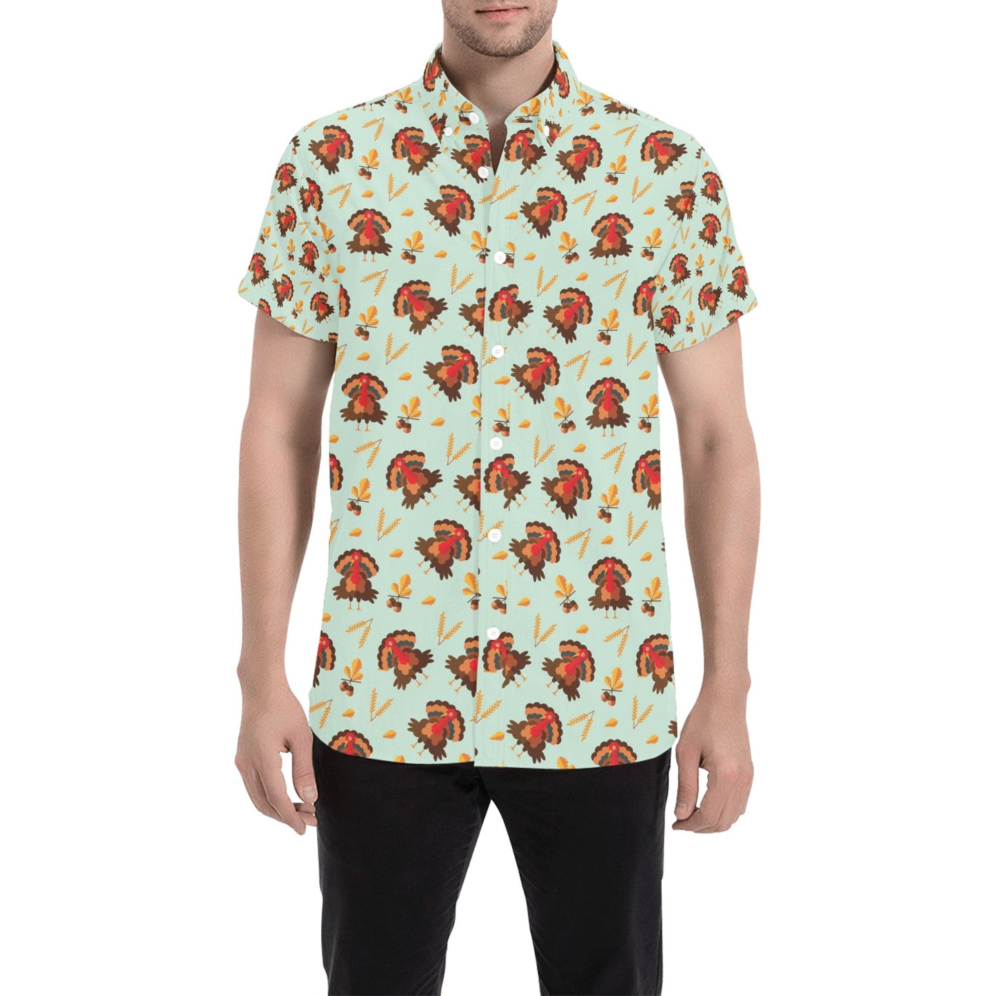 Thanksgiving Print Design LKS309 Men Short Sleeve Button Up Shirt