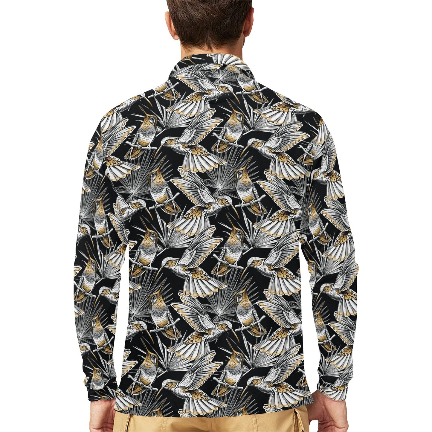 Hummingbird Gold Design Themed Print Long Sleeve Polo Shirt For Men's