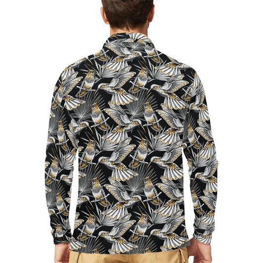 Hummingbird Gold Design Themed Print Long Sleeve Polo Shirt For Men's