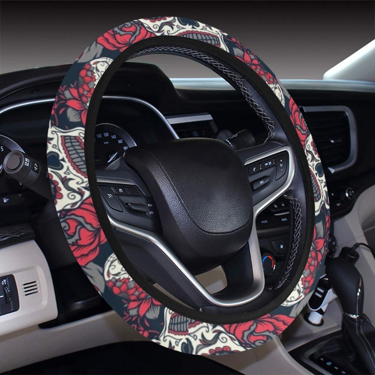 Sugar Skull Print Design LKS303 Steering Wheel Cover with Elastic Edge