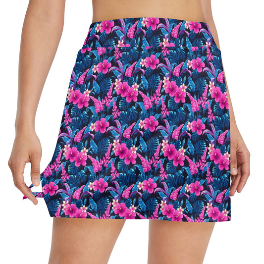 Tropical Folower Pink Themed Print 17" Golf & Pickleball Skort with Pockets