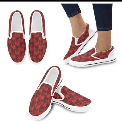 Skull Red Print Design LKS306 White Slip Ons Canvas Women's Shoes