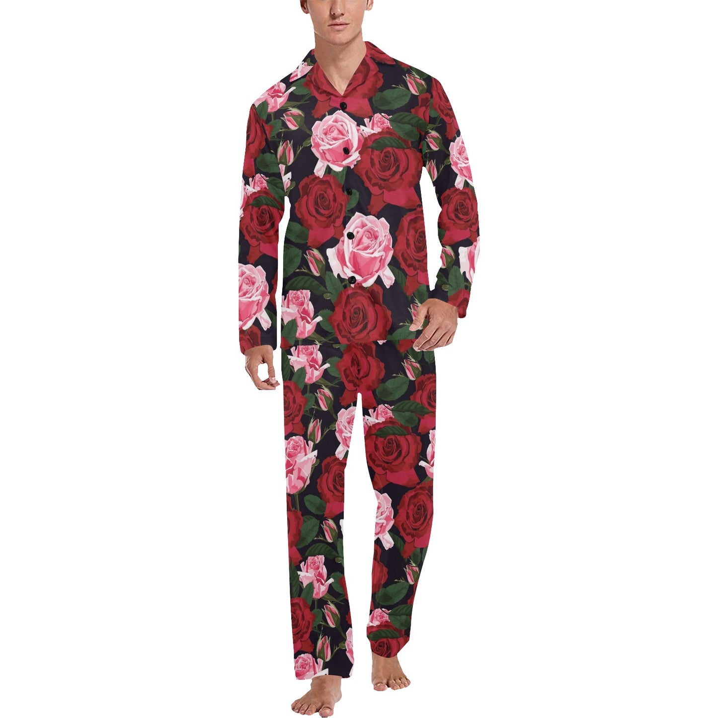 Rose Red Pink Pattern Print Design RO01 Men's Long Pajama Set