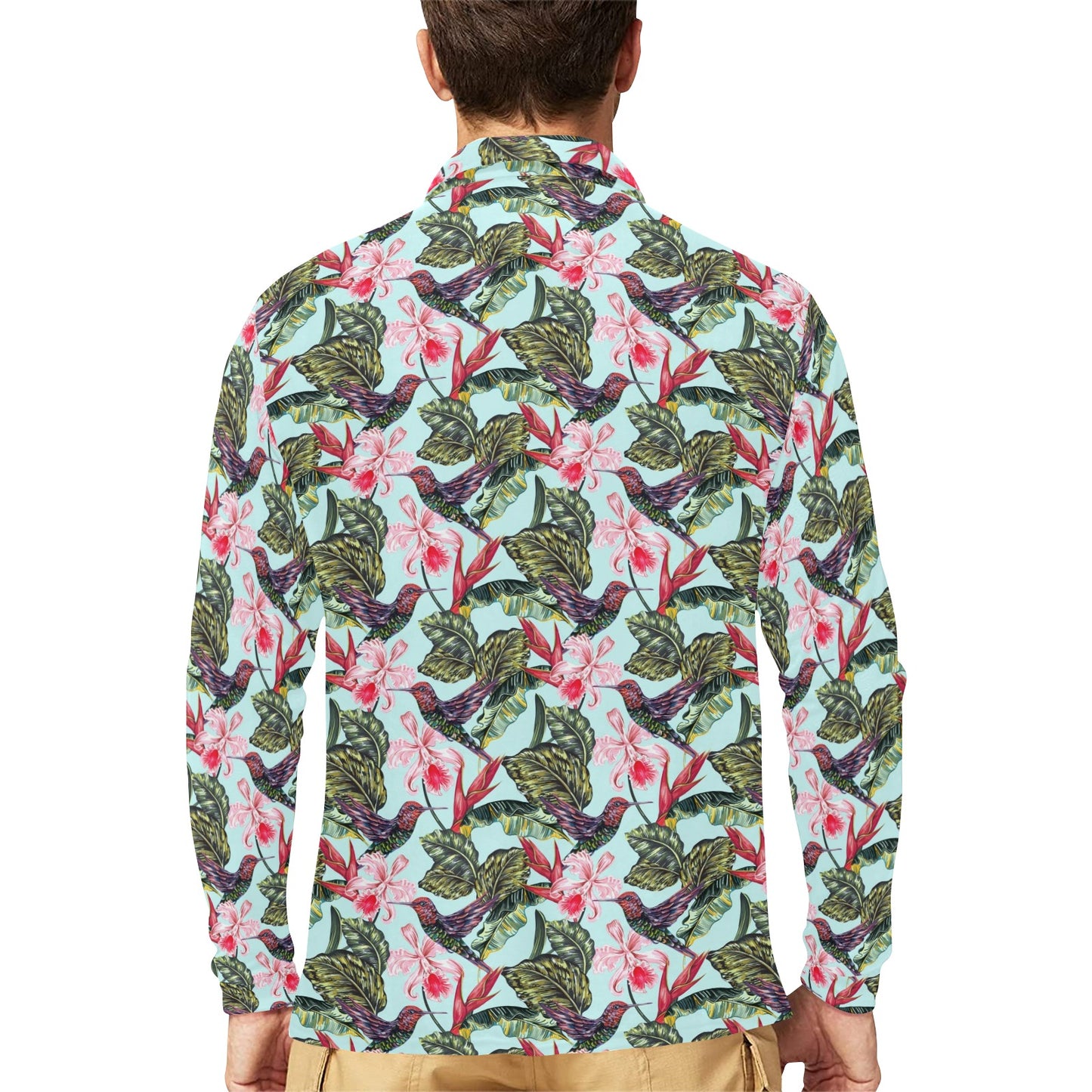 Hummingbird Cute Themed Print Long Sleeve Polo Shirt For Men's