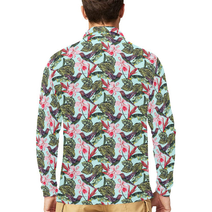 Hummingbird Cute Themed Print Long Sleeve Polo Shirt For Men's