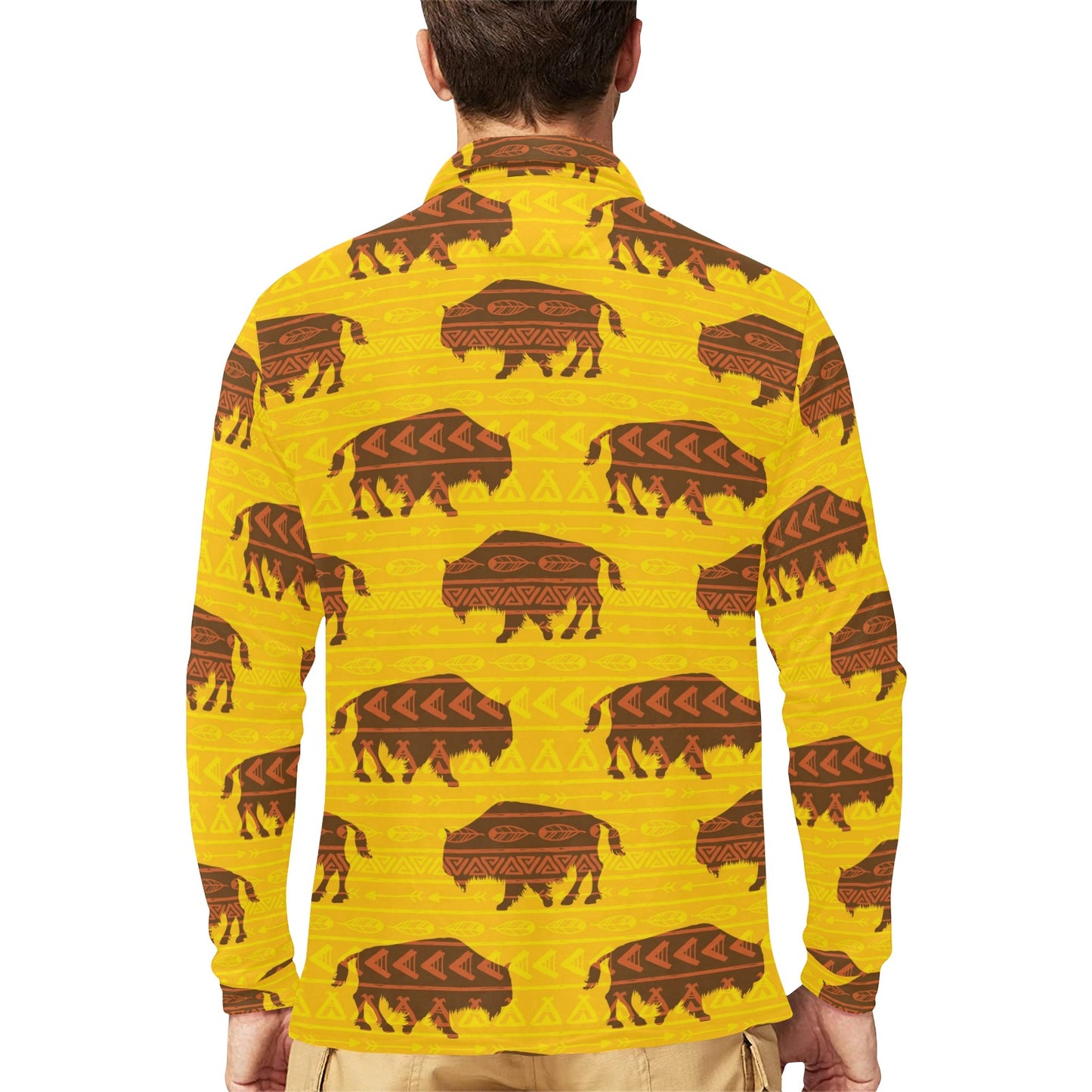 Bison Native Pattern Print Design 01 Long Sleeve Polo Shirt For Men's