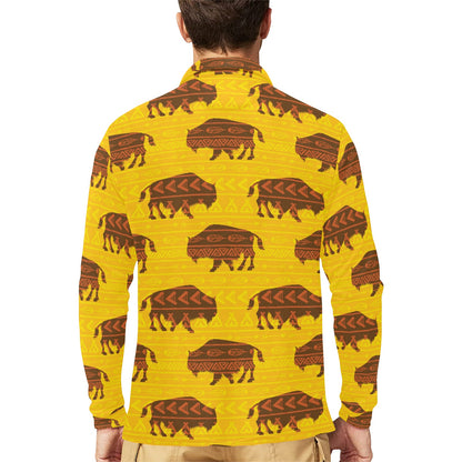 Bison Native Pattern Print Design 01 Long Sleeve Polo Shirt For Men's