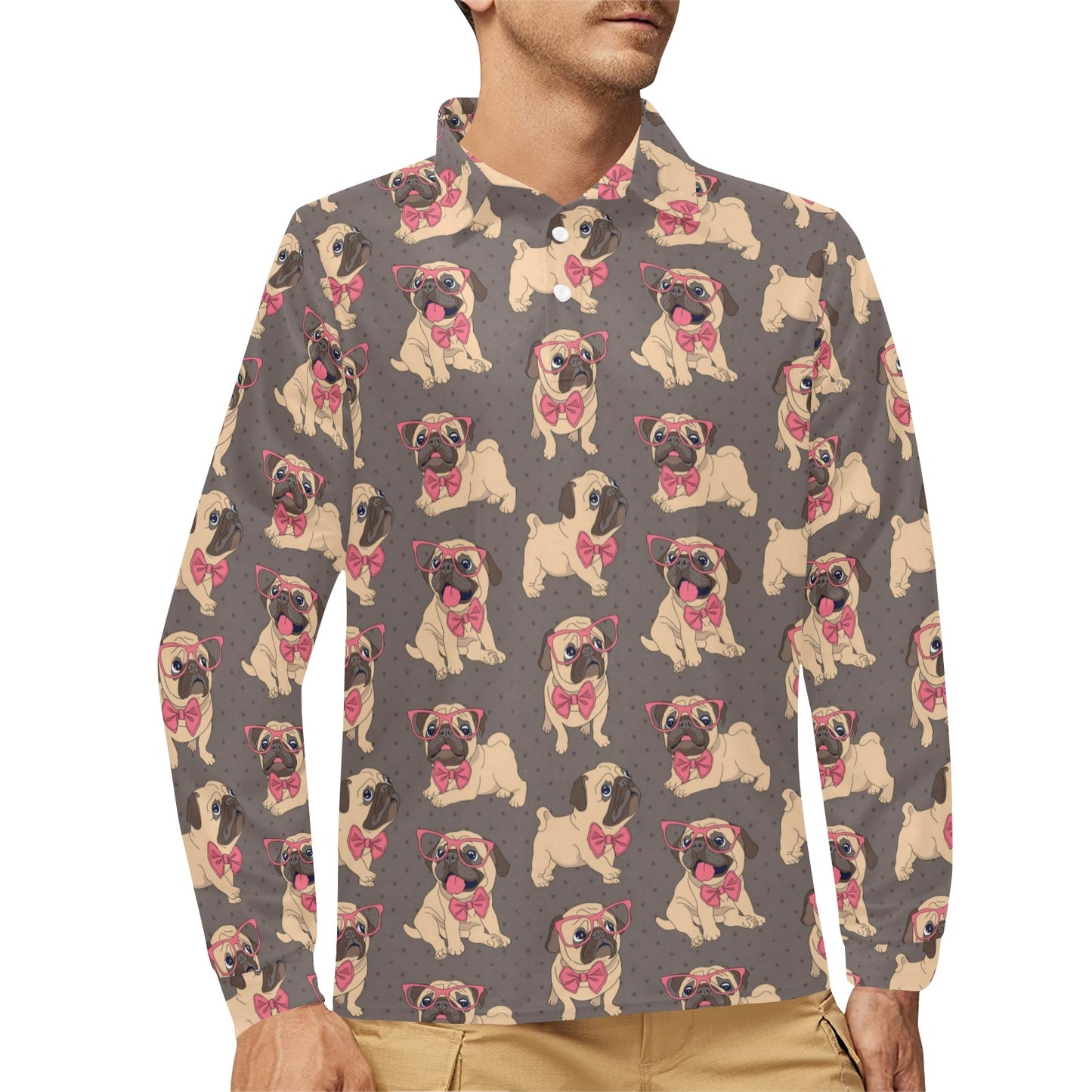 Pug Pattern Print Design A05 Long Sleeve Polo Shirt For Men's