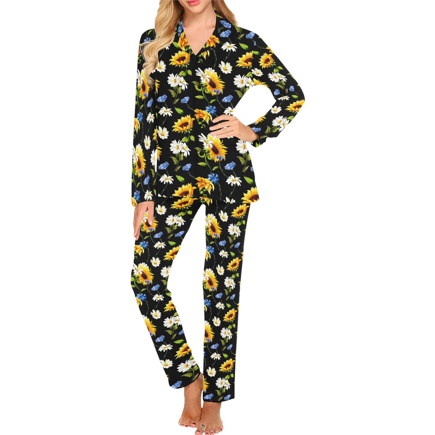 Sunflower Chamomile Bright Color Print Women's Long Pajama Set