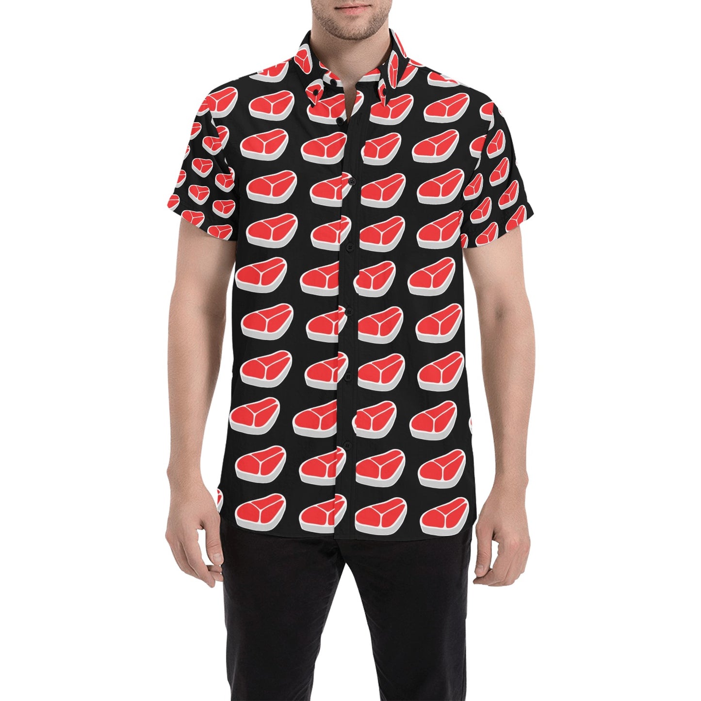 Steak Print Design LKS303 Men Short Sleeve Button Up Shirt