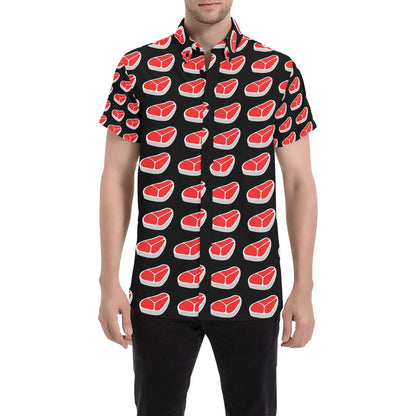 Steak Print Design LKS303 Men Short Sleeve Button Up Shirt