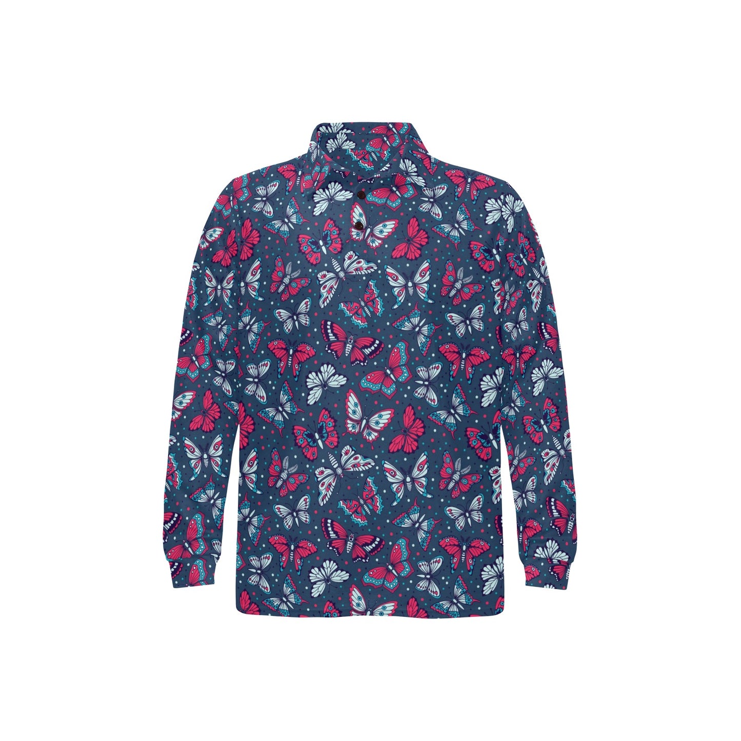 Butterfly Red Deep Blue Print Pattern Long Sleeve Polo Shirt For Men's