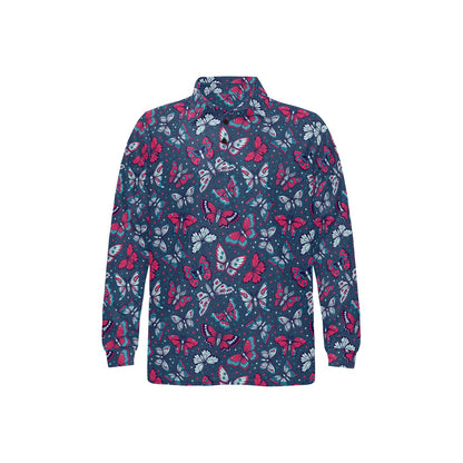 Butterfly Red Deep Blue Print Pattern Long Sleeve Polo Shirt For Men's