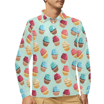 Cupcake Pattern Print Design 01 Long Sleeve Polo Shirt For Men's