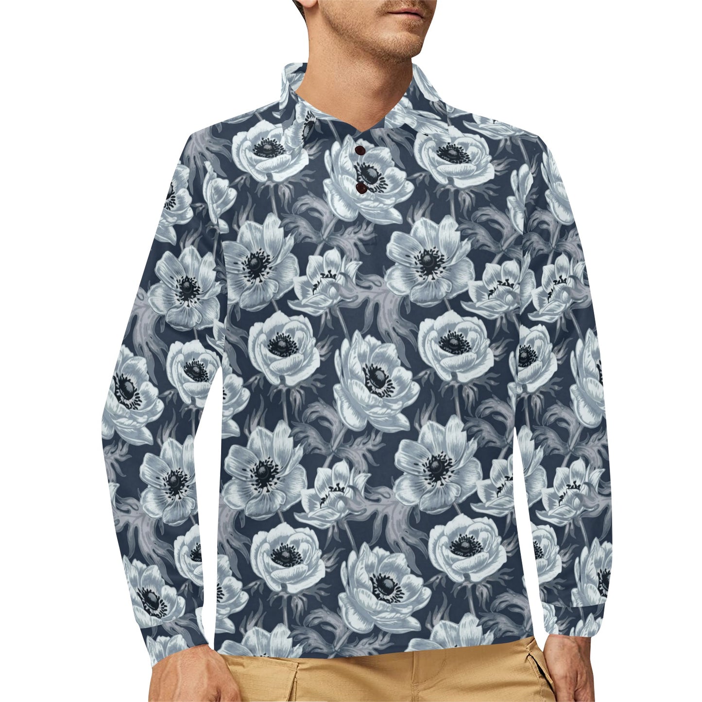 Anemone Pattern Print Design AM09 Long Sleeve Polo Shirt For Men's