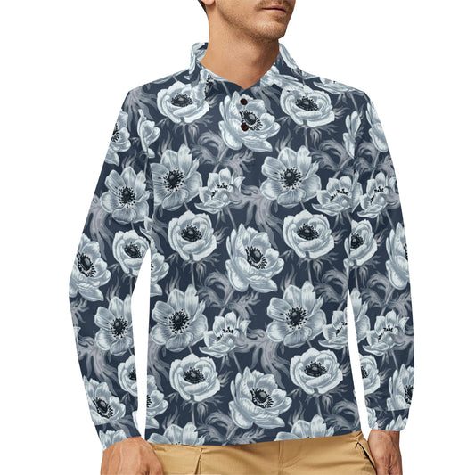 Anemone Pattern Print Design AM09 Long Sleeve Polo Shirt For Men's