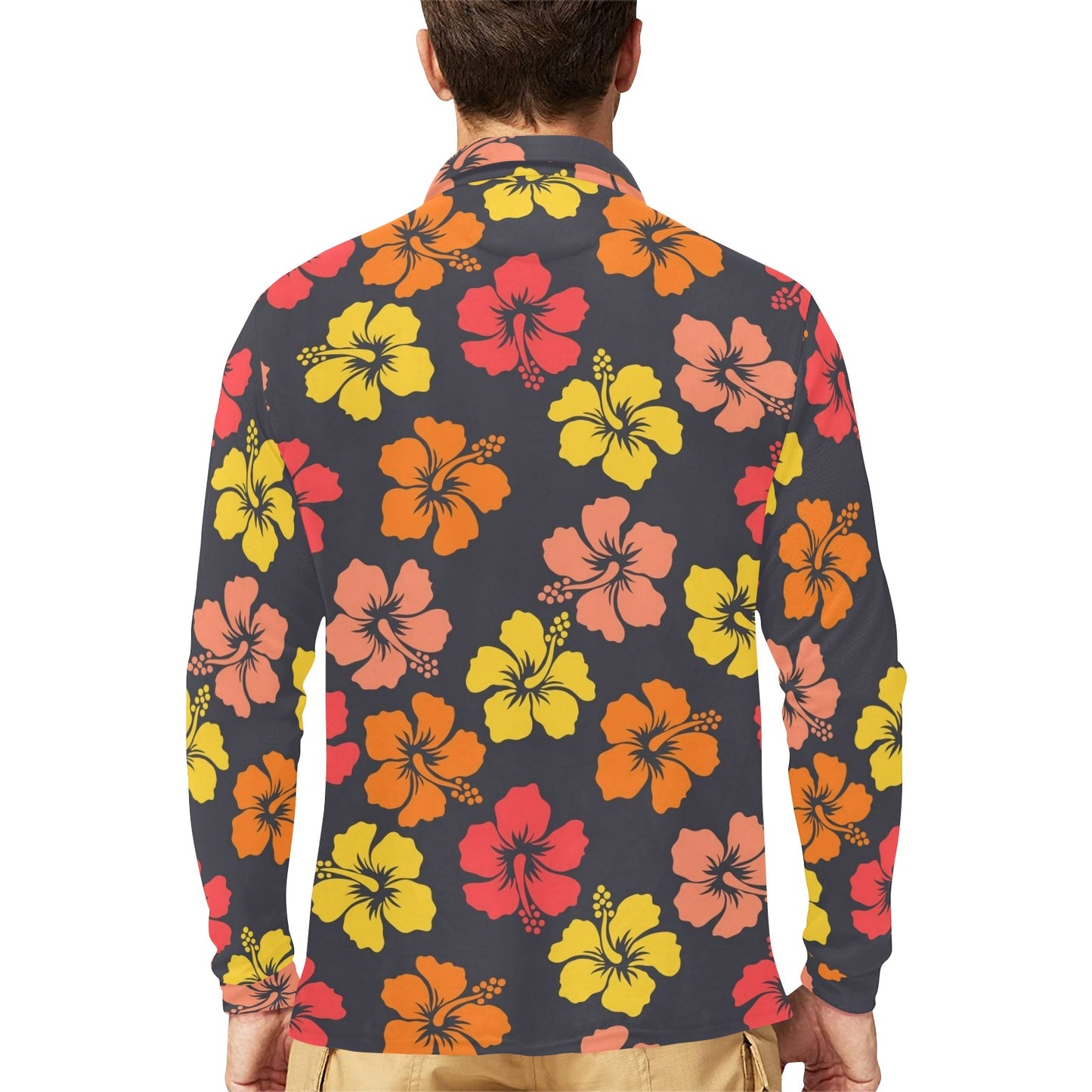 Hibiscus Pattern Print Design HB024 Long Sleeve Polo Shirt For Men's