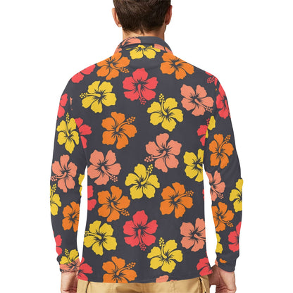 Hibiscus Pattern Print Design HB024 Long Sleeve Polo Shirt For Men's