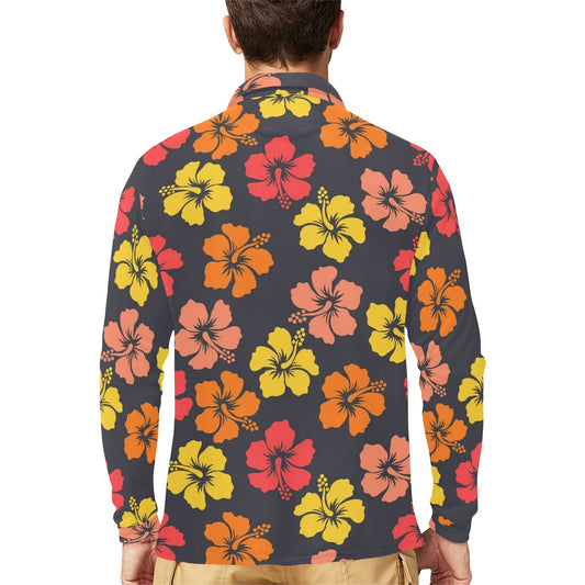 Hibiscus Pattern Print Design HB024 Long Sleeve Polo Shirt For Men's