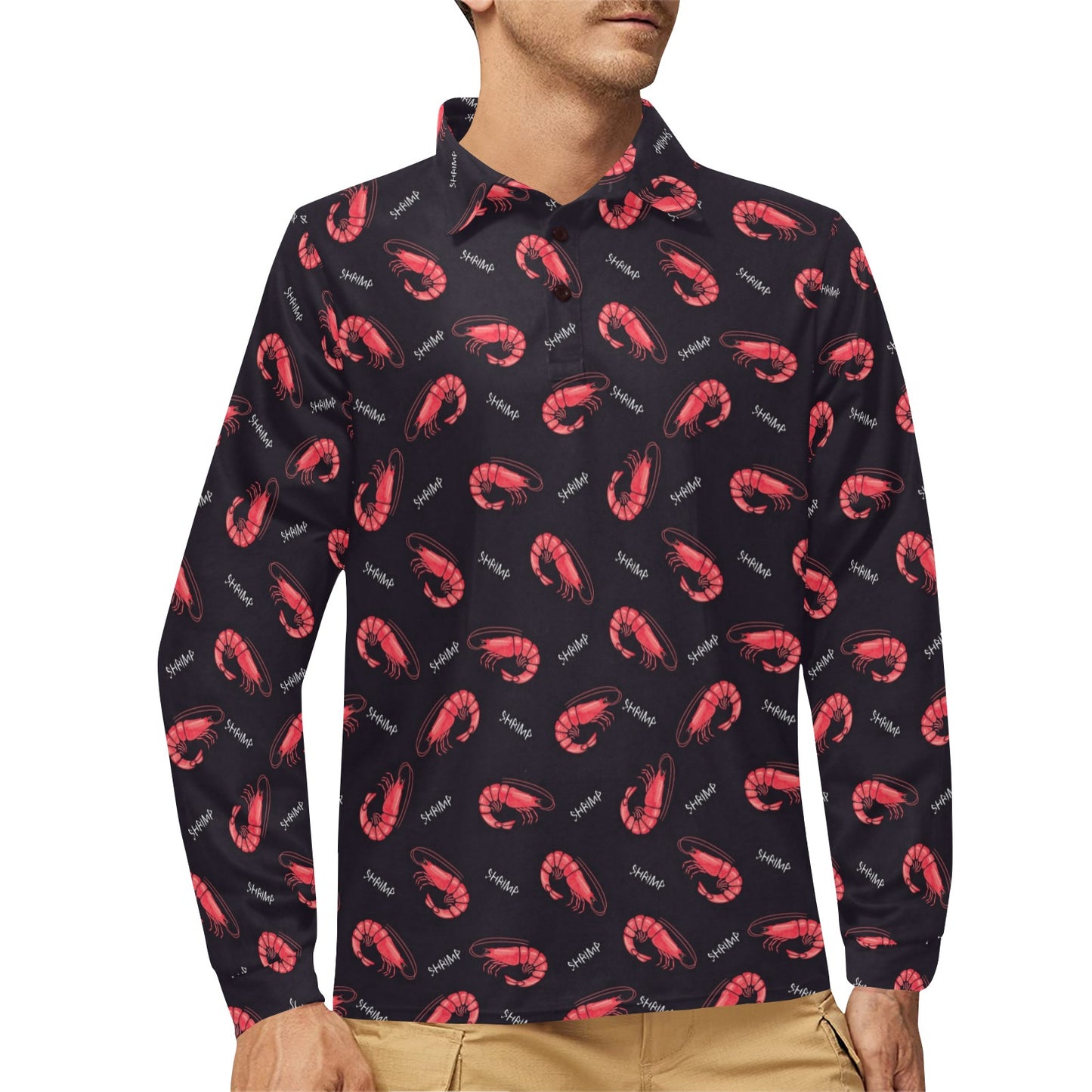 Shrimp Print Design LKS302 Long Sleeve Polo Shirt For Men's