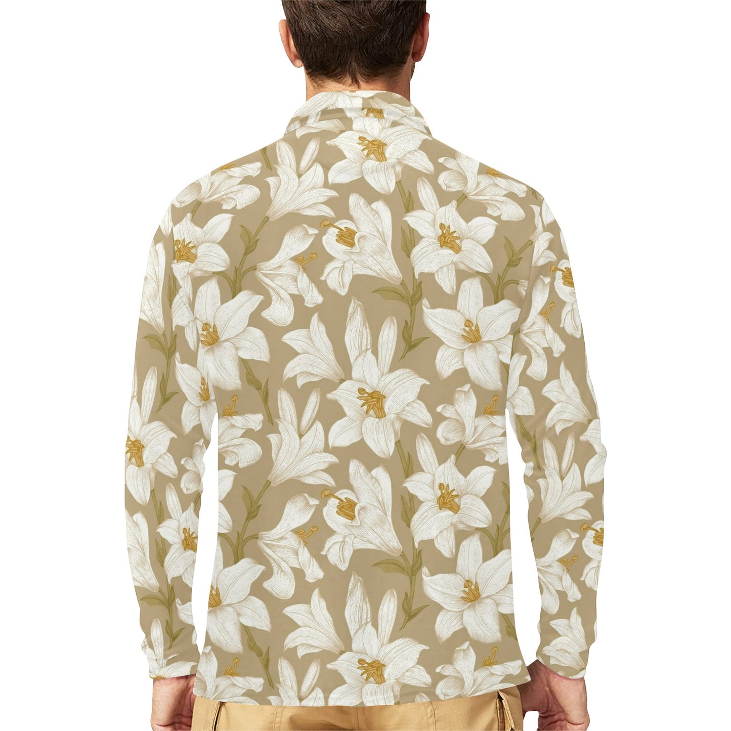 Lily Pattern Print Design LY07 Long Sleeve Polo Shirt For Men's