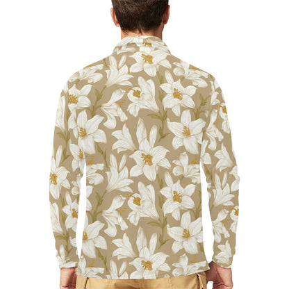 Lily Pattern Print Design LY07 Long Sleeve Polo Shirt For Men's