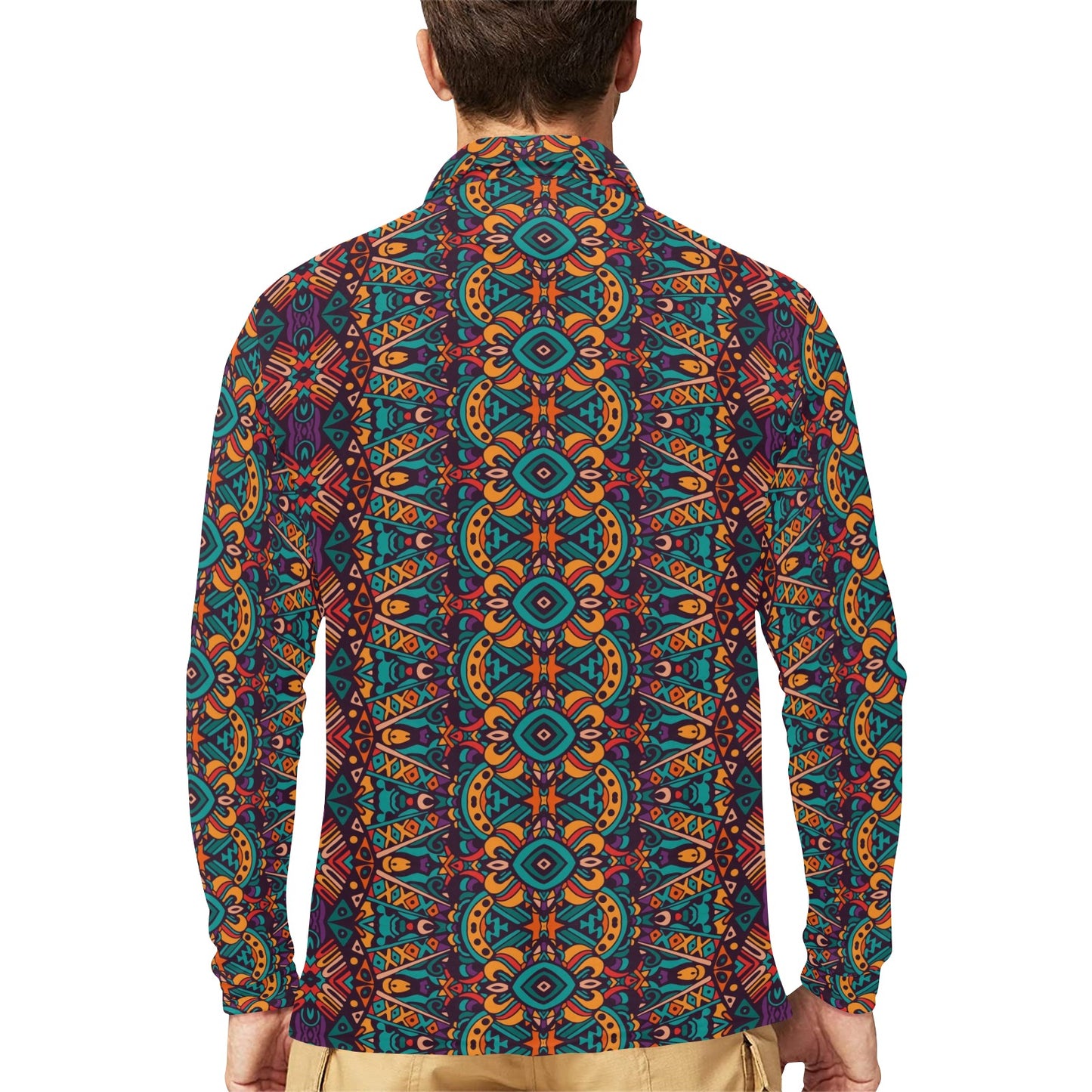 Ethnic Style Print Pattern Long Sleeve Polo Shirt For Men's