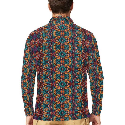 Ethnic Style Print Pattern Long Sleeve Polo Shirt For Men's
