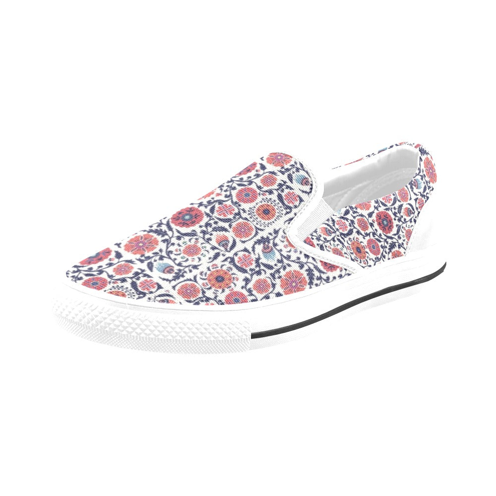 Suzani Print Design LKS304 White Slip Ons Canvas Women's Shoes