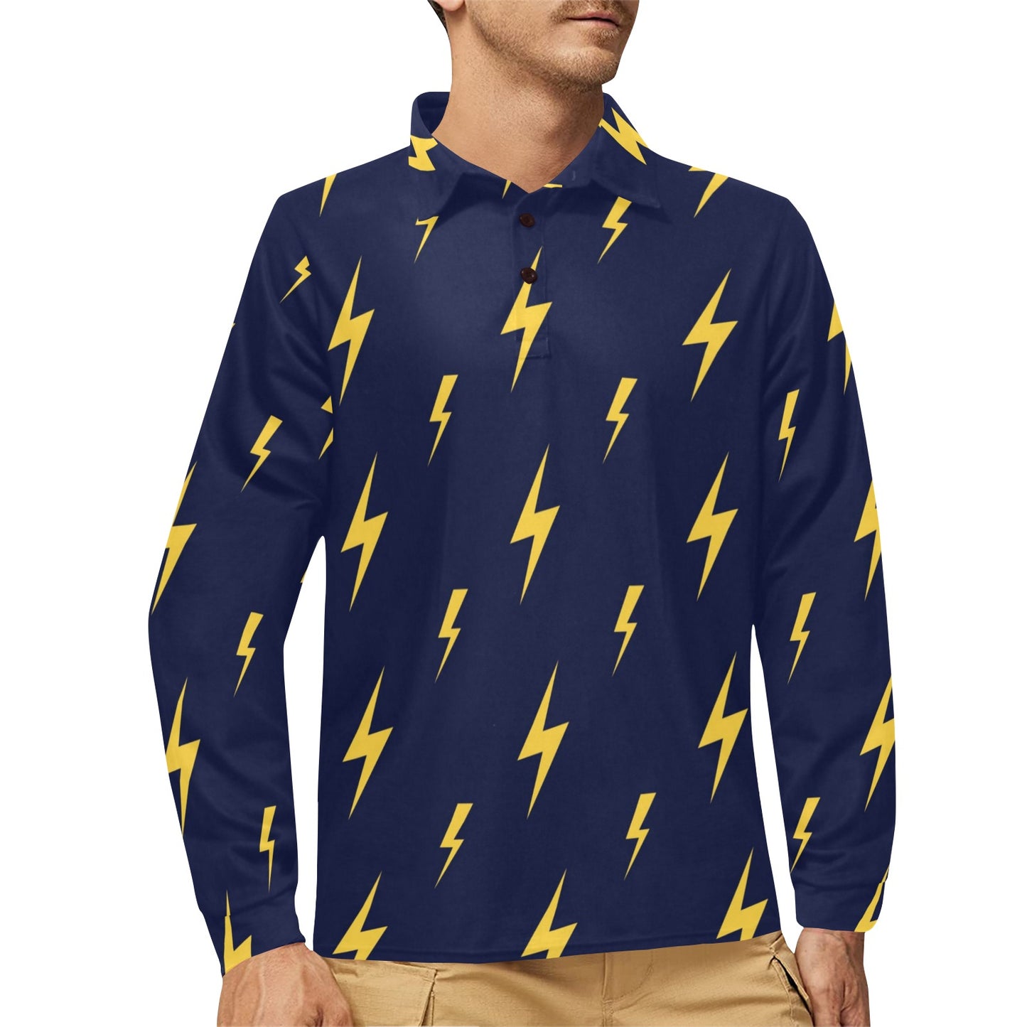 Lightning Thunder Pattern Print Design 03 Long Sleeve Polo Shirt For Men's