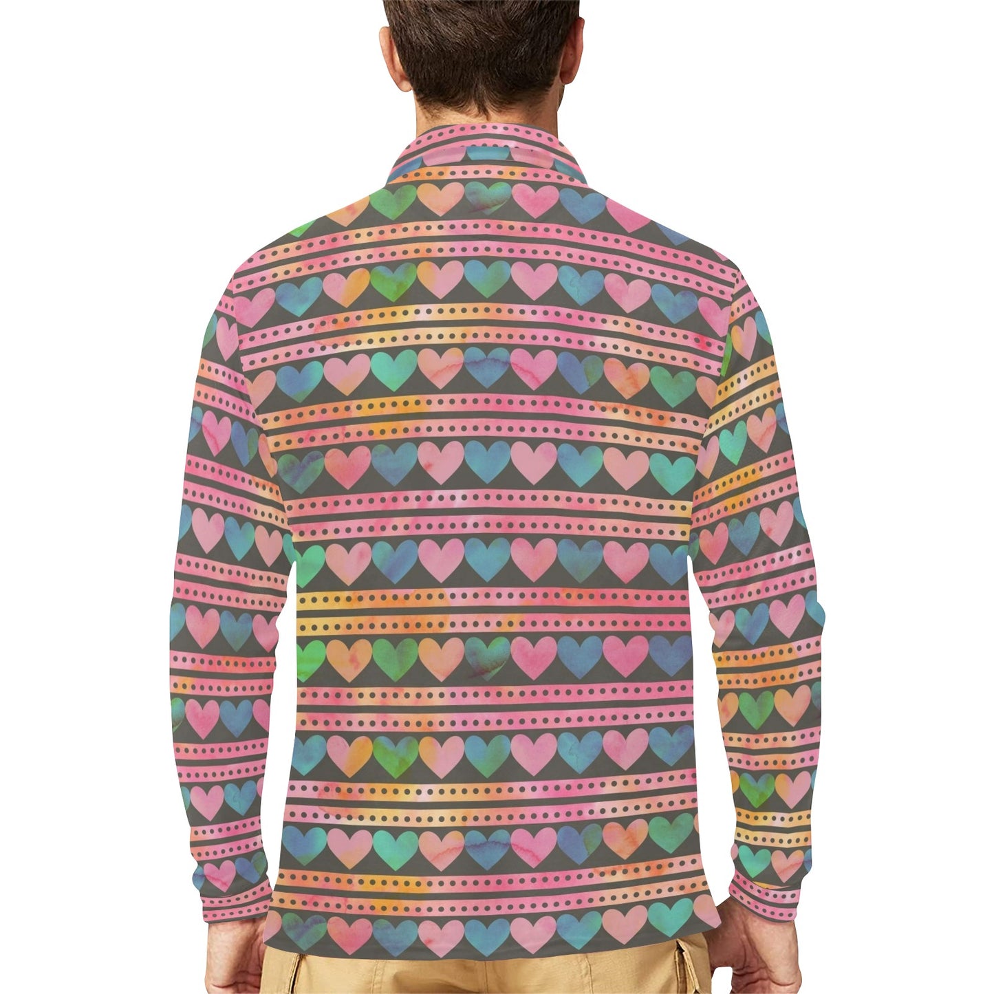 Heart Pattern Print Design HE010 Long Sleeve Polo Shirt For Men's