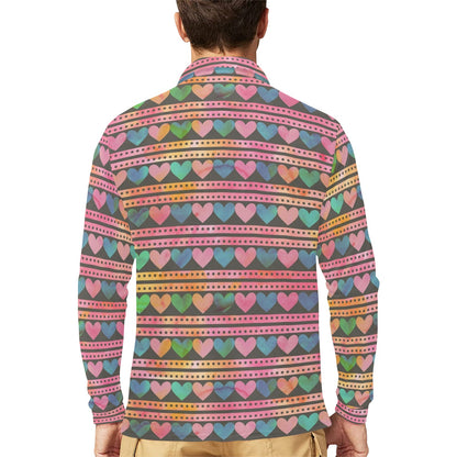 Heart Pattern Print Design HE010 Long Sleeve Polo Shirt For Men's