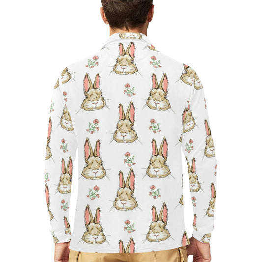 Rabbit Pattern Print Design RB09 Long Sleeve Polo Shirt For Men's