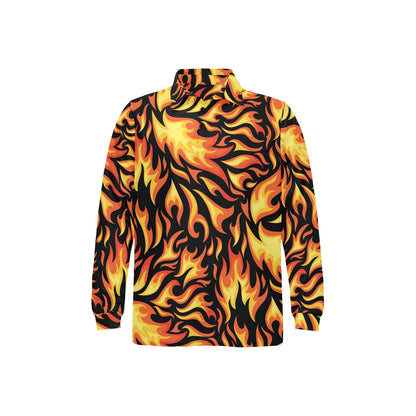 Flame Fire Design Pattern Long Sleeve Polo Shirt For Men's