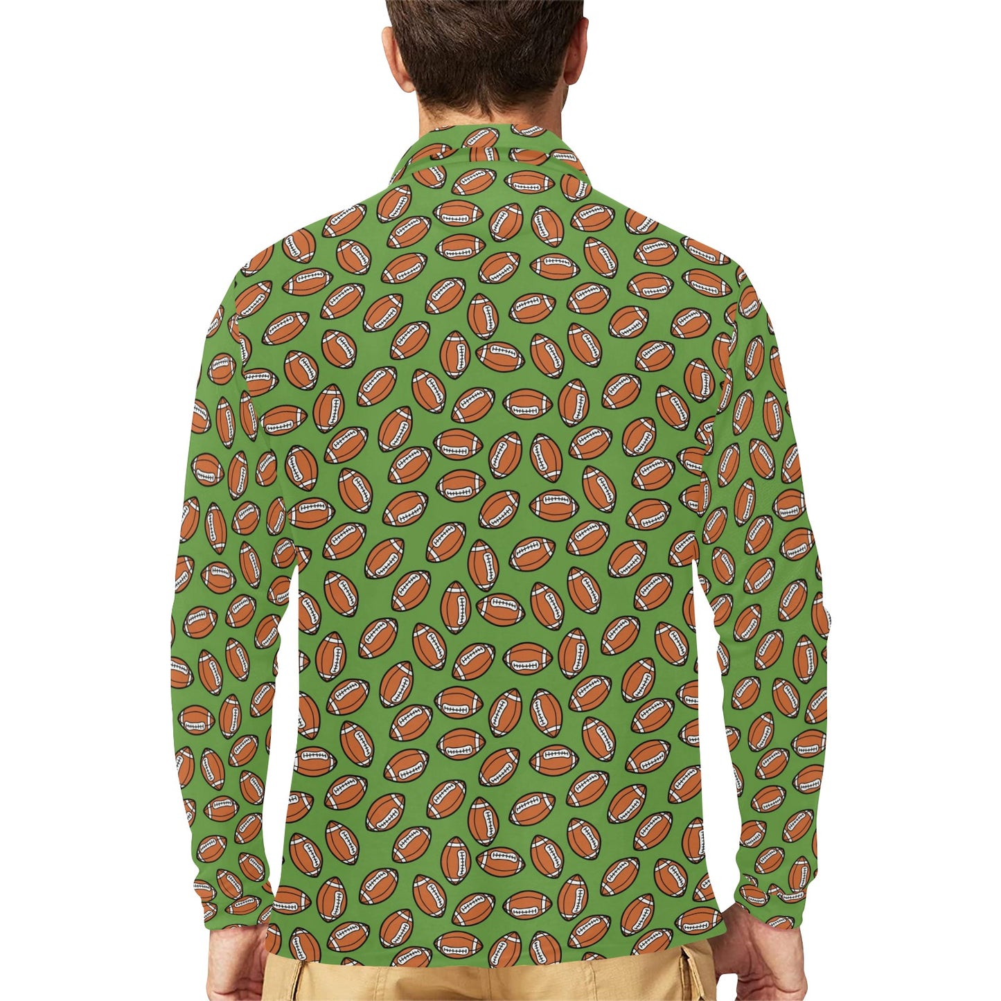 American Football on Green Design Long Sleeve Polo Shirt For Men's