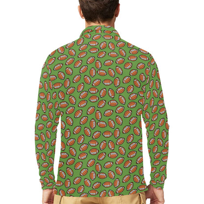 American Football on Green Design Long Sleeve Polo Shirt For Men's