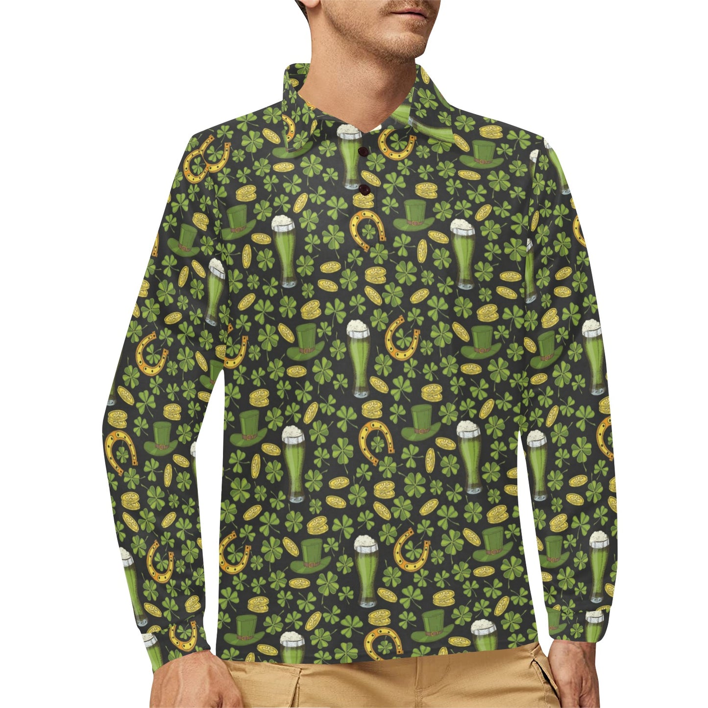 Clover St Patricks Pattern Print Design 03 Long Sleeve Polo Shirt For Men's