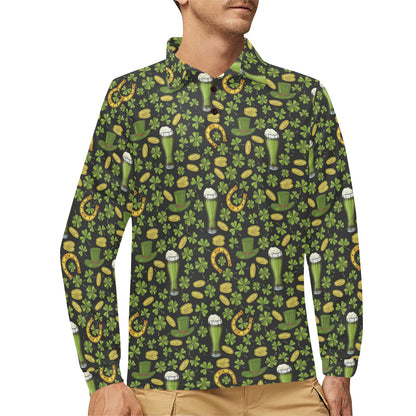 Clover St Patricks Pattern Print Design 03 Long Sleeve Polo Shirt For Men's