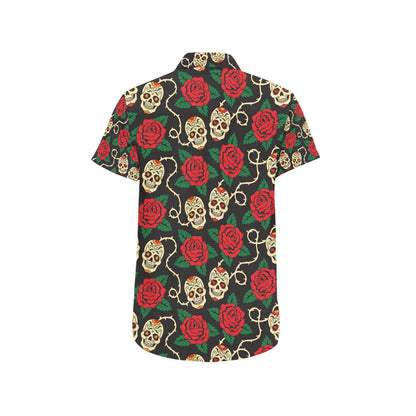 Sugar Skull Red Rose Print Design LKS301 Men Short Sleeve Button Up Shirt