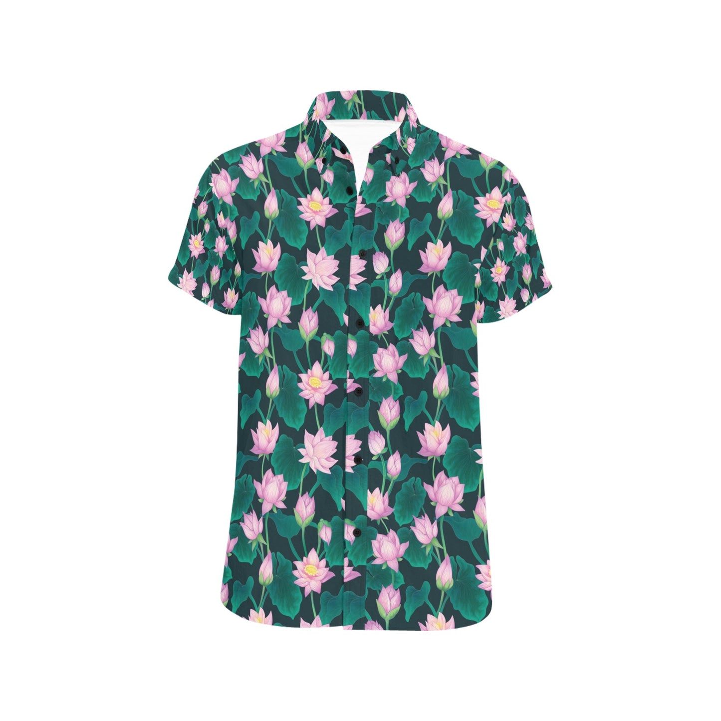 Water Lily Print Design LKS302 Men Short Sleeve Button Up Shirt
