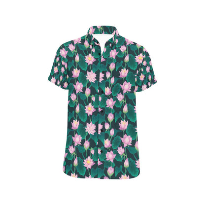 Water Lily Print Design LKS302 Men Short Sleeve Button Up Shirt